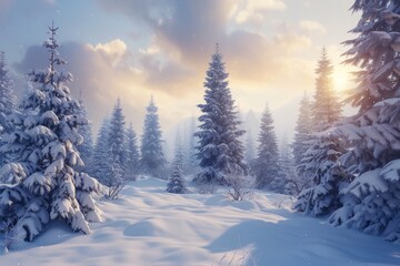 Beautiful winter landscape with fir trees in a snowy forest