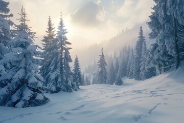 Naklejka premium Beautiful winter landscape with fir trees in a snowy forest