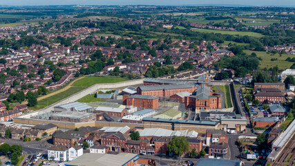 Wakefield Prison in West Yorkshire. Aerial view of the prison buildings and walls, fences and surrounding area. High security prison and correctional facility in Wakefield, united Kingdom 