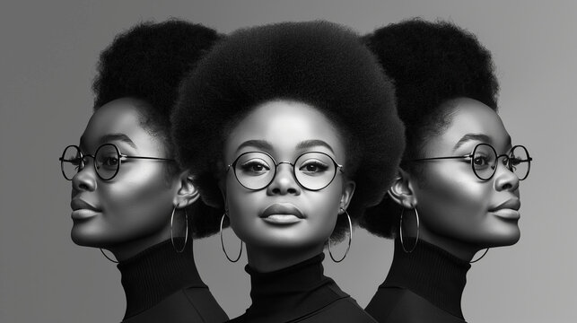 Elegant Trio of Women with Afro Hairstyles and Glasses in Black and White, Front and Side Views, Modern Fashion Portrait