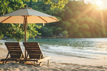 Obraz premium A photo of a beach with clear blue water and white sand, featuring sun loungers under an umbrella. The composition evokes a sense of luxury travel, relaxation and vacation.