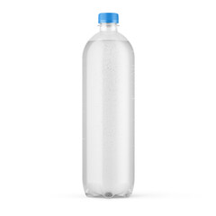 Mineral water in blank plastic bottle with cap on white background