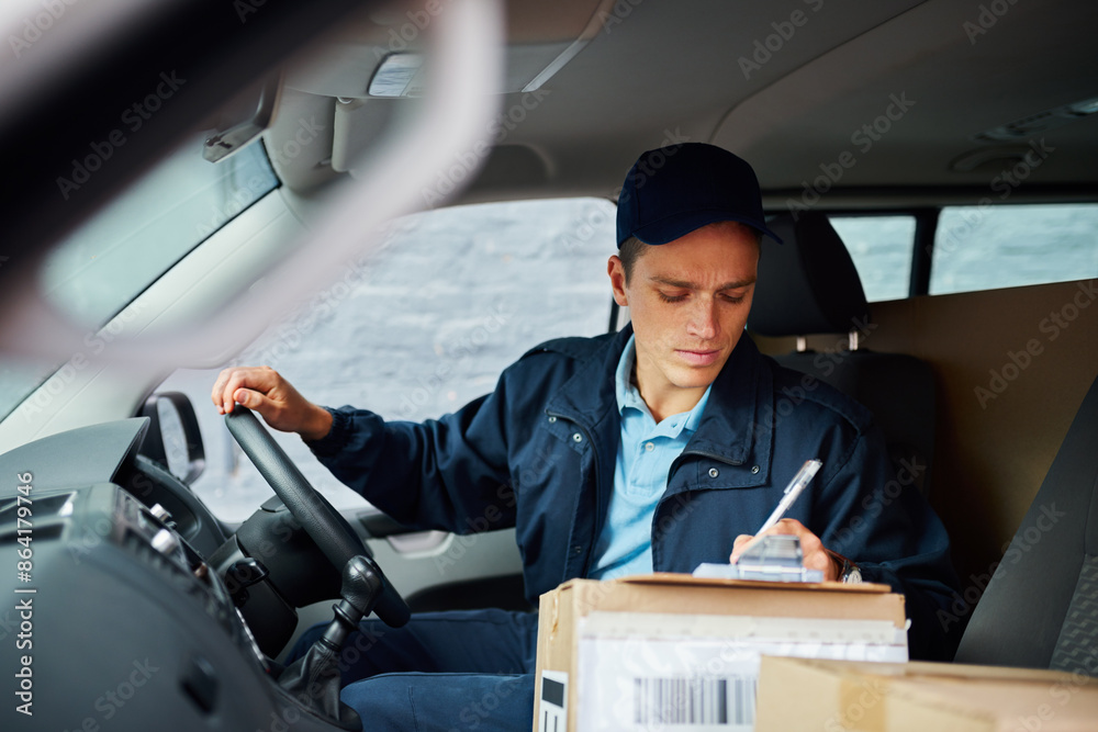 Poster courier, man and writing in truck with checklist for address verification, shipping records and orde