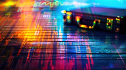 Fototapeta premium Stock chart, briefcase, close up, focus on, copy space, vibrant colors, Double exposure silhouette with financial graphs