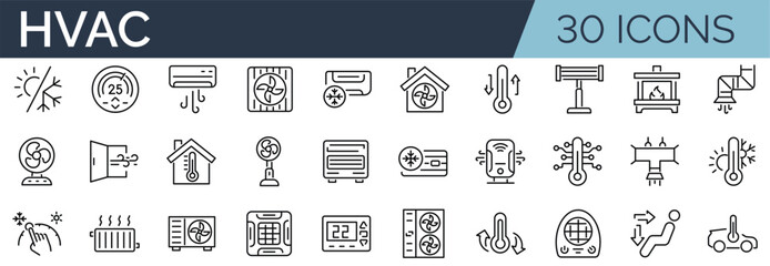 Set of 30 outline icons related to hvac. Linear icon collection. Editable stroke. Vector illustration