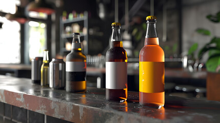 Cozy Pub Atmosphere: Craft Beer Bottles on Wooden Bar