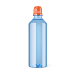 Mineral water in blank plastic bottle with cap on white background