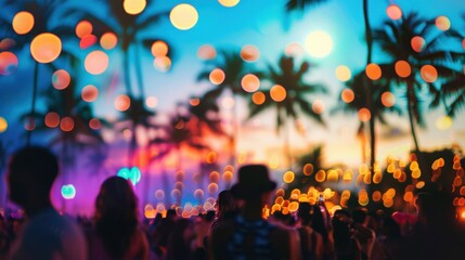 Vibrant outdoor festival scene with colorful lights, palm trees, and a crowd of people enjoying the evening.