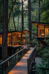 Obraz premium a wooden walkway leading to two cabins in the woods