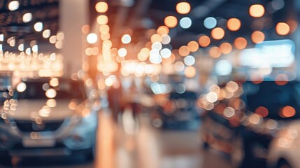 Abstract bokeh lights creating a warm, festive atmosphere in a car showroom, suggesting a modern, upscale event.