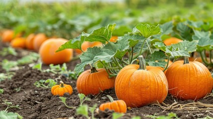 Bright orange pumpkins growing in a field, illustrating a lush, thriving pumpkin patch ready for harvest in autumn.
