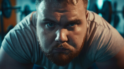 A man with overweight in the gym. Close-up