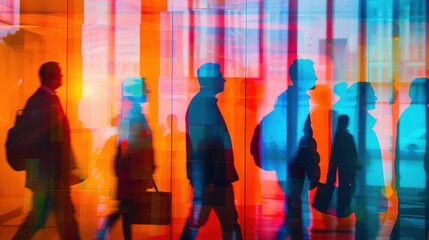 Shuttered windows, unemployment line, close up, focus on, copy space, vibrant colors, Double exposure silhouette with jobless people
