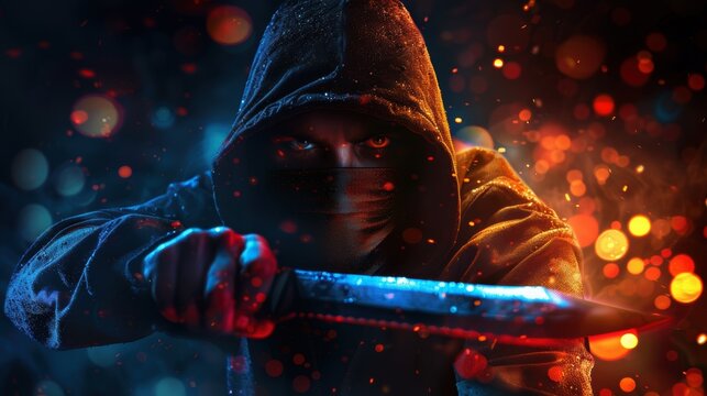 A hooded figure holding a knife with intense expression, set in dramatic lighting and bokeh, evoking a sense of suspense and danger.