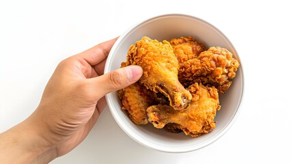 Closeup of Asian Hand Picking Crispy Fried Chicken on Minimalist White Background