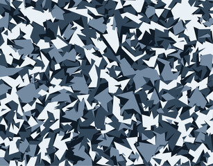 The camouflage pattern is a mix of blue and white triangles, showcasing a modern design with a striking symmetry and electric blue accents. Abstract vector military background for army clothing