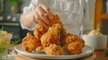 Frontal Capture of Asian Hand Picking Up Fried Chicken Against White Background