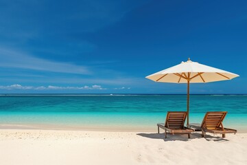 A photo of a beach with clear blue water and white sand, featuring sun loungers under an umbrella. The composition evokes a sense of luxury travel, relaxation and vacation.
