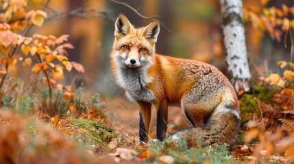 Close up red fox, standing in autumn forest. Fluffy mammal looking at the camera in woodland. Animal wildlife in nature. Wild predator staring in fall wilderness.