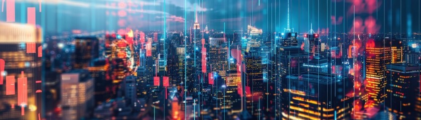 Fototapeta premium Stock chart, city skyline, close up, focus on, copy space, vibrant colors, Double exposure silhouette with urban landscape