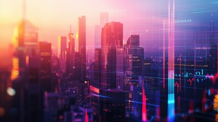 Fototapeta premium Stock chart, city skyline, close up, focus on, copy space, vibrant colors, Double exposure silhouette with urban landscape