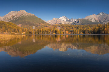Autumn view of the Tatras in Slovakia: golden, red, and orange leaves on trees surround majestic mountains with snow-capped peaks. Clear, blue sky contrasts with the warm colors of the forest. 