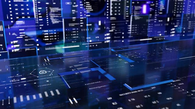 Info data HUD desk 3D technological display server room Information internet Security 2D animation Sci Fi Heads up display User Interface 2