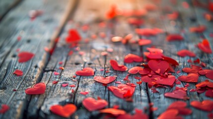Naklejka premium Heart-shaped confetti scattered on a wooden table for a romantic setting