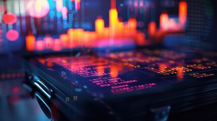 Stock chart, briefcase, close up, focus on, copy space, vibrant colors, Double exposure silhouette with financial graphs