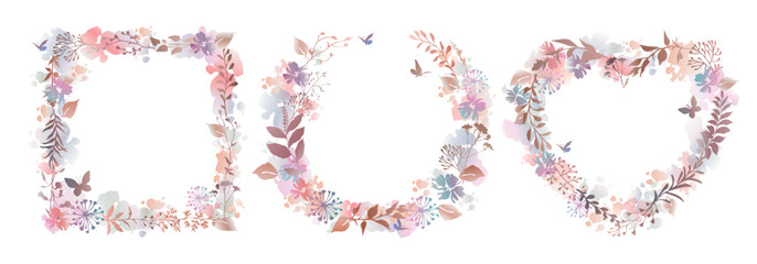 Floral frames set with herbs in watercolor style. Design elements for invitation, poster, sticker, greeting card.