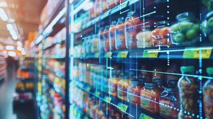 Sparse grocery shelves, financial newspaper, close up, focus on, copy space, vibrant colors, Double exposure silhouette with market analysis
