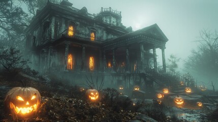 Fototapeta premium Haunted Mansion in Fog with Jack-O-Lanterns.