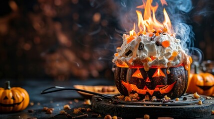 Naklejka premium halloween pumpkin and bonfire tofee. copy space