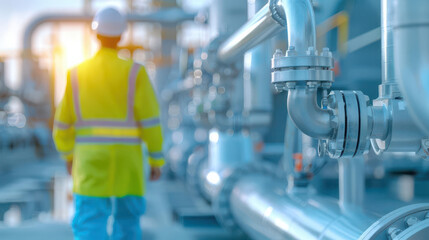 Engineer Inspects Industrial Zones Steel Pipelines and Valves