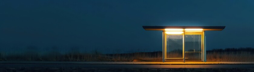 A lit bus stop in a rural area during the night, providing illumination against the dark sky and empty landscape.