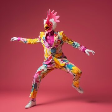 Freak in chicken mask dancing, masquerade, absurd carnival, having fun in costume party, weird mask head