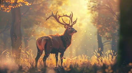 A majestic deer with impressive antlers standing in a sunlit forest clearing, surrounded by golden light and autumn foliage, creating a serene wildlife scene.