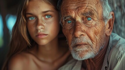 An elderly man and a young girl, both with striking blue eyes, share an intense and emotive gaze, highlighting generational contrast.