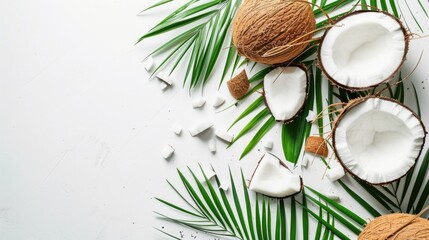 An inviting tropical layout showcasing freshly split coconuts and elegant palm leaves, set against a clean, white background, perfect for evoking feelings of relaxation and exotic natural beauty.