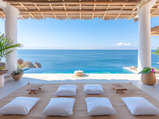 Obraz premium Beautiful beachfront villa with panoramic ocean views, cozy seating, and natural decor, perfect for relaxation and tropical getaways.