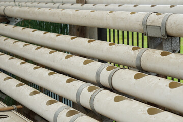 arrangement of white empty hydroponic pipes on a hydroponic farm shelf during the day