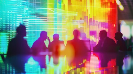 Stock market ticker, business meeting, close up, focus on, copy space, vibrant colors, Double exposure silhouette with financial data
