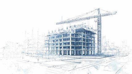 Blueprint sketch of a high-rise building under construction with a tower crane in action.