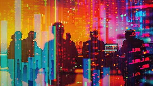 Stock market ticker, business meeting, close up, focus on, copy space, vibrant colors, Double exposure silhouette with financial data