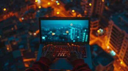 Obraz premium High angle view of a person typing a social media post on a laptop at night