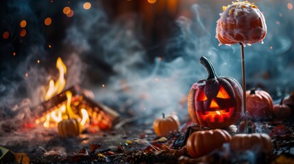 halloween pumpkin and bonfire tofee. copy space