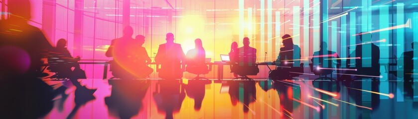 Stock chart, conference room, close up, focus on, copy space, vibrant colors, Double exposure silhouette with business meeting
