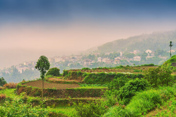 Terraced fields and beautiful villages in mountainous areas of Zhejiang Province, China