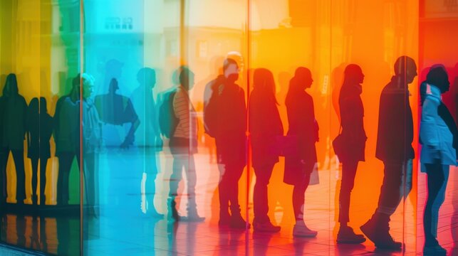 Shuttered storefront, unemployment line, close up, focus on, copy space, vibrant colors, Double exposure silhouette with people in queue