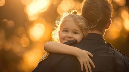 A happy little girl hugs her police officer father from behind, radiating joy and love, with a warm sunset background.